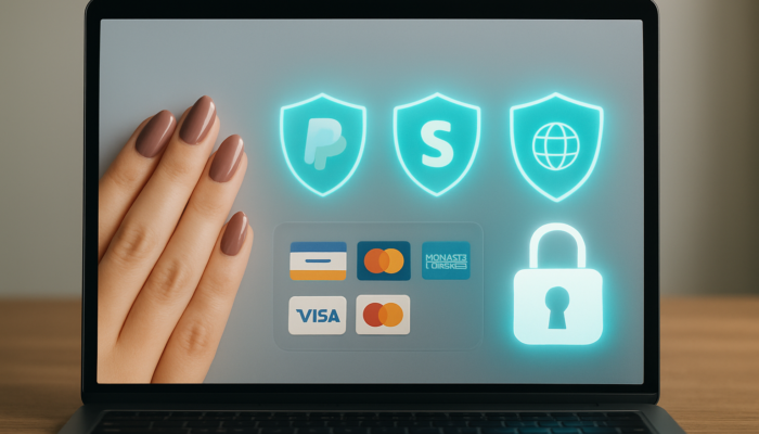 Modern checkout screen featuring PayPal, Stripe, and WorldPay icons, secure locks, and encryption shields.