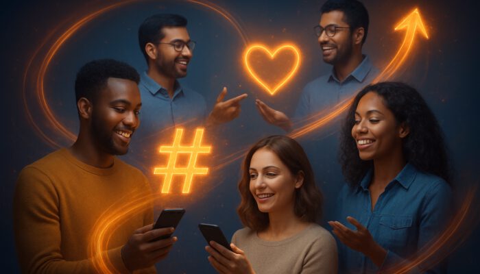 Glowing hashtags swirl around diverse users, with upward arrows and exploding likes for enhanced engagement.