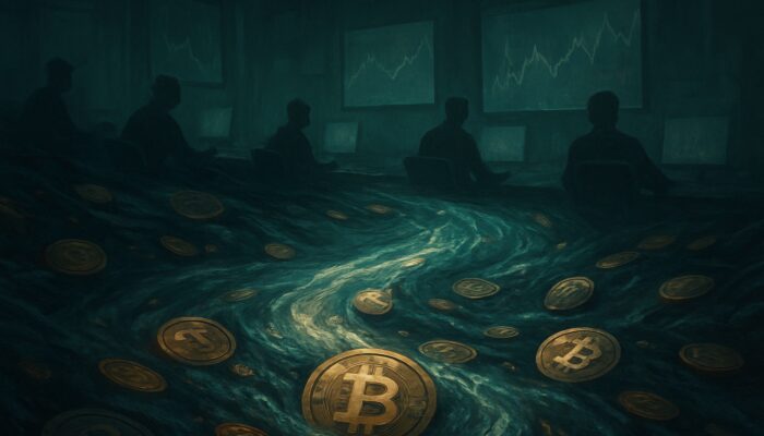 Turbulent crypto river flows through a dimly lit trading floor with sparse traders watching flickering charts.