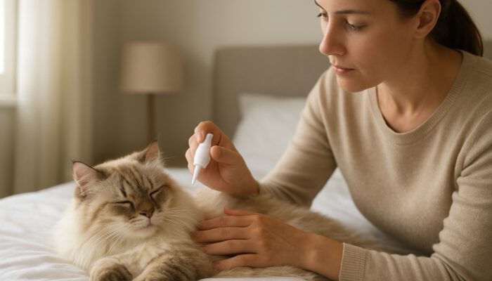 A fluffy cat recovering on clean bedding, with the owner gently administering medication in a safe home environment.