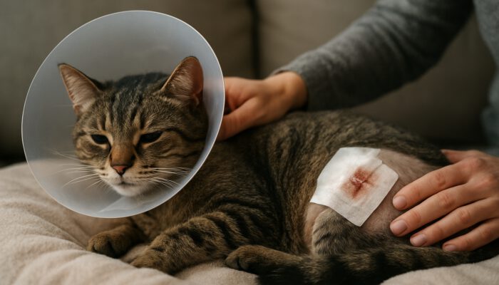 A cat recovering from spay surgery, wearing a cone with an infected incision, resting with its owner.