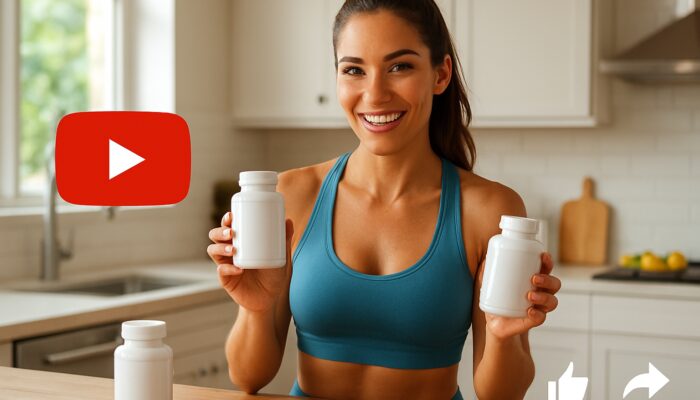 Fit influencer showcasing supplement bottles in a bright kitchen on YouTube ad with play button and likes.