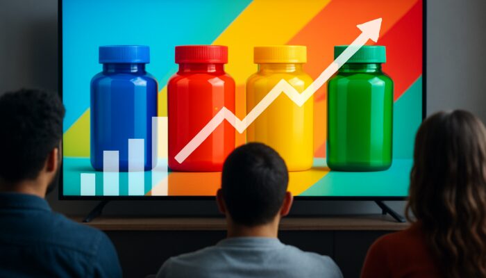 Vibrant YouTube ad for colourful supplements, with viewers watching and graphs indicating high view rates and rising CTR.