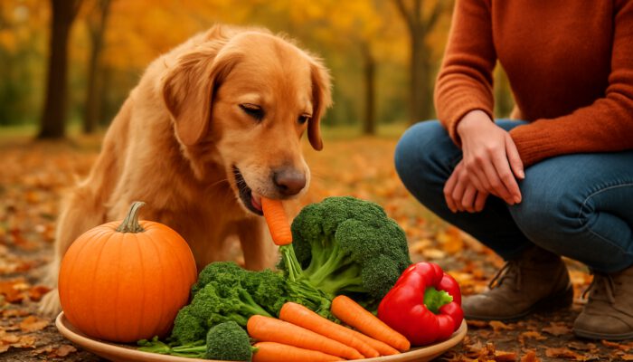 Cheerful dog enjoying fresh seasonal vegetables in an autumn park with its owner.