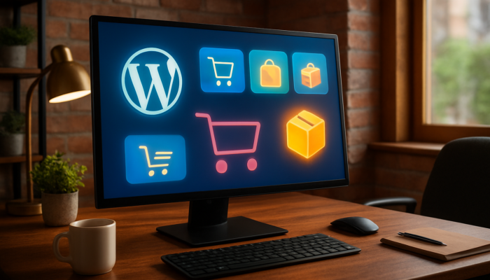Dynamic WordPress dashboard in a Bridport office, highlighting WooCommerce e-commerce icons and shopping carts.