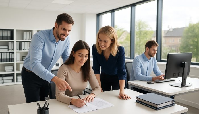 Modern office in Yeovil featuring spotless desks, organised files, and focused employees benefiting from ample natural light.