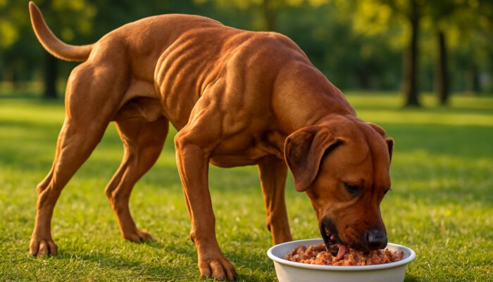 Muscular dog enjoying a high-protein meal in a sunlit park following exercise.