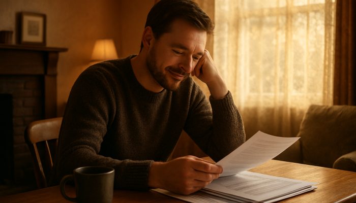 Individual reviewing consolidated debt documents in a comfortable British living space, expressing relief and clarity.