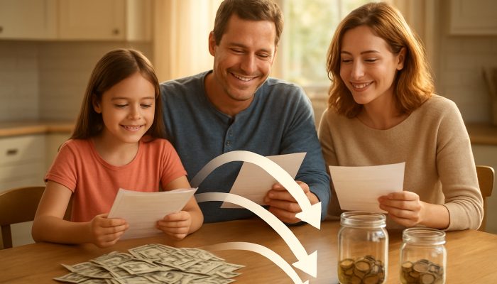 Family consolidating bills into one payment at a bright kitchen table surrounded by savings jars