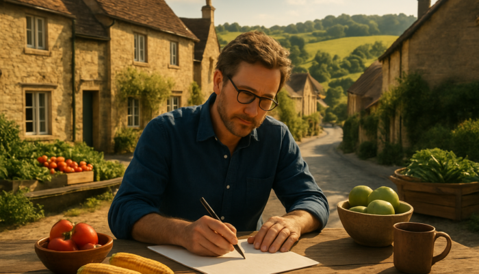 Copywriter composing advertisements at rustic desk amidst Midsomer Norton stone cottages and rolling hills