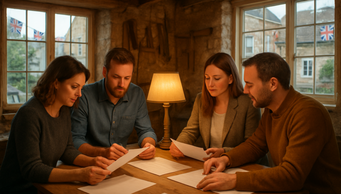 Business owners collaborating at a warm Midsomer Norton workshop reviewing documents under soft lamplight.