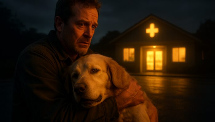 Owner rushing a lethargic golden retriever with jaundice to a veterinary clinic at dusk