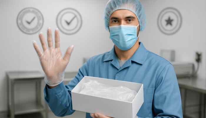 Harrow supplier exhibits certified polythene gloves with UK compliance seals in a sterile hospital environment