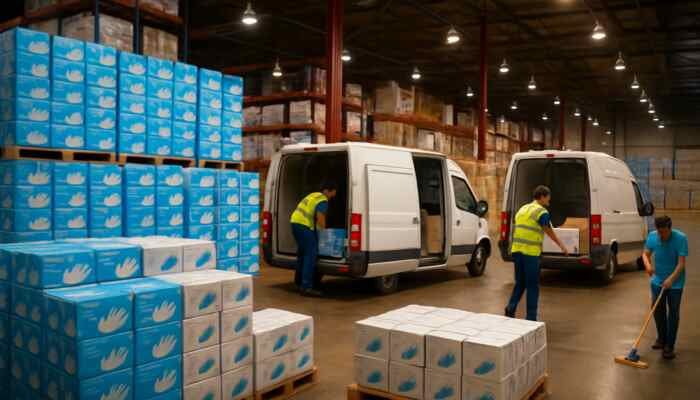 Warehouse in Hucknall stacked with boxes of bulk vinyl gloves as delivery vans load supplies.
