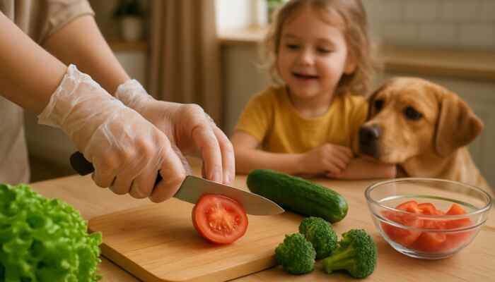Hands in clear vinyl gloves preparing fresh food in a family kitchen with a child and pet nearby.