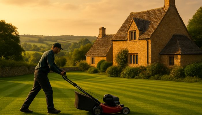 Gardener mowing immaculate lawns next to stone cottages in the Haselbury Plucknett countryside