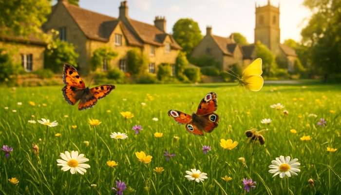 Freshly mowed lawn in Haselbury Plucknett, surrounded by wildflowers, butterflies, and bees in golden sunlight.
