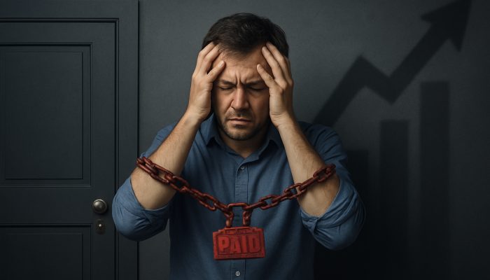 Stressed borrower constrained by missed payments before closed mortgage and loan doors with rising insurance costs