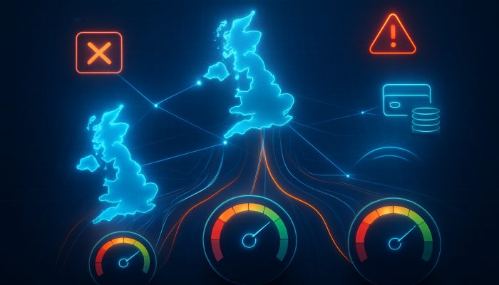 Futuristic digital web connecting UK credit agencies Experian, Equifax, TransUnion with score meters and payment alerts