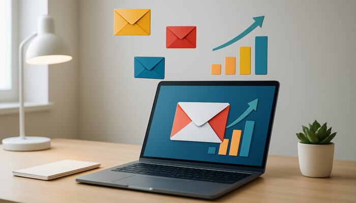 Minimalist workspace featuring a laptop displaying an email campaign dashboard and floating envelopes