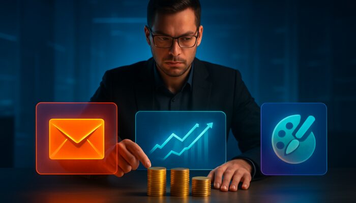 Futuristic marketer allocating resources to email designs, analytics dashboards, and creative tools