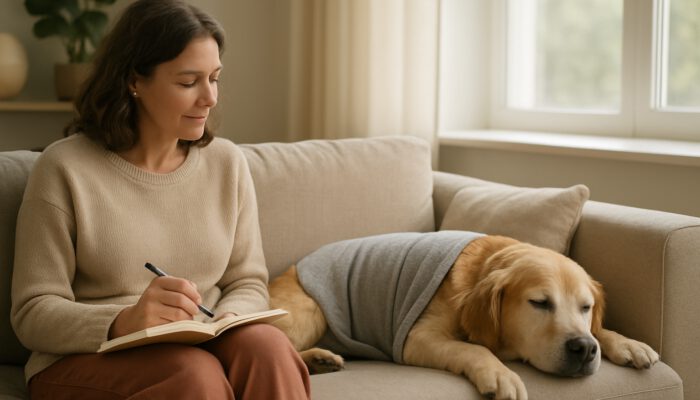 Calm dog wearing a calming wrap on a couch while owner records reactions in a journal