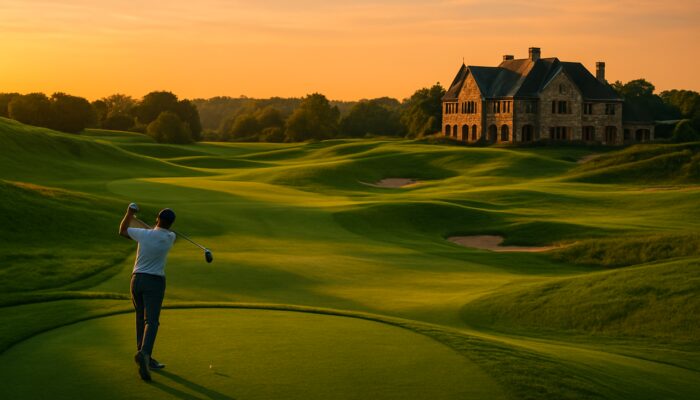 A solitary golfer teeing off at sunset on the verdant fairways of King David Mowbray Golf Club