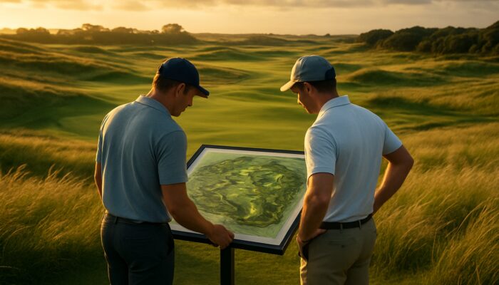 Golfers studying a windswept course map at King David Mowbray Golf Club in golden light