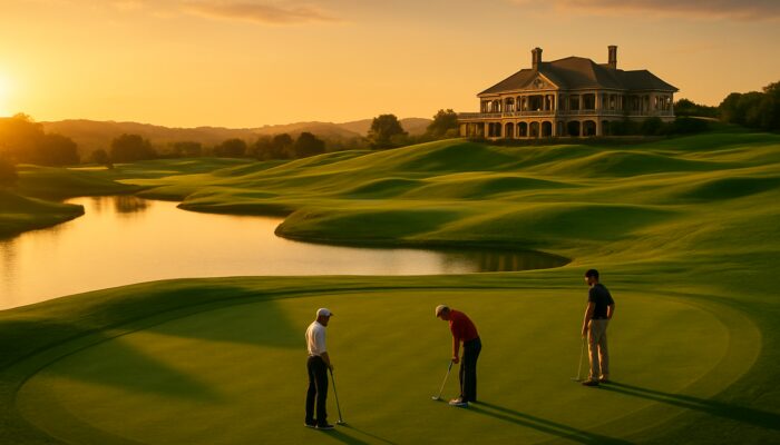 Lush emerald fairways and elegant clubhouse at West Bank Golf Club during a golden sunset.
