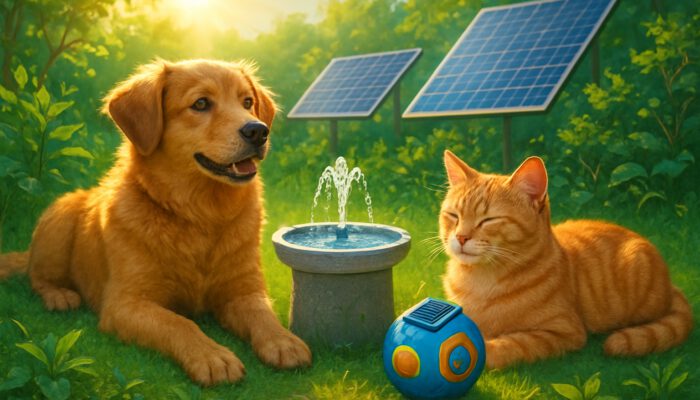 A dog and cat relaxing with solar-powered pet gadgets in a sunny eco-friendly garden featuring solar panels.