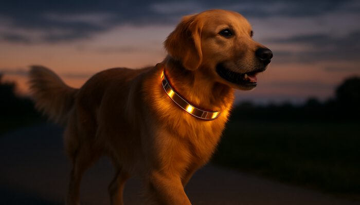 A golden retriever at dusk wearing a luminous solar-powered LED collar with solar panels for visibility.