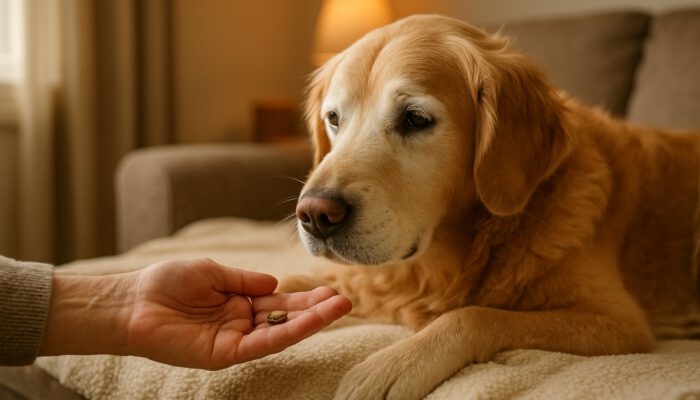 Elderly golden retriever receiving a treat from owner on a cozy blanket in a warm home environment.