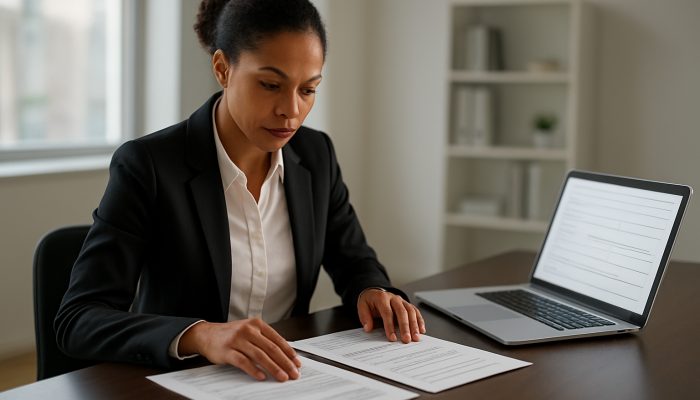 Merging Debts From Multiple Banks: Essential Options | DCL Professional organising income proofs and identification documents beside a laptop for loan application in a bright modern office