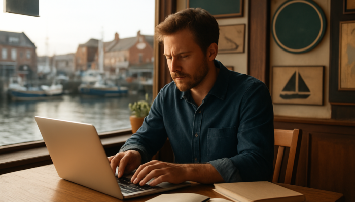 Writer creating expert blog content for Gloucester small businesses in a sunlit harbour café