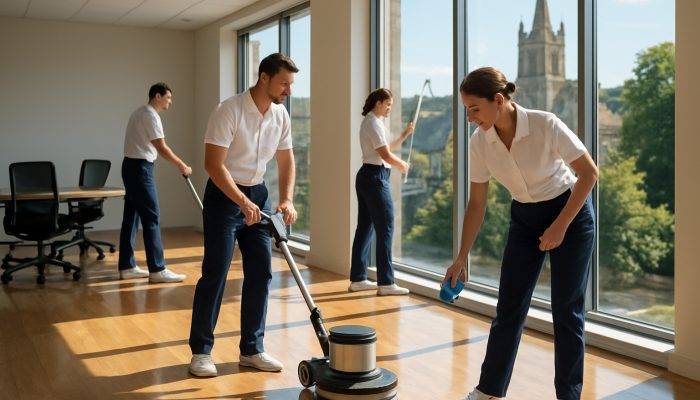 Professional cleaners ensuring spotless floors and windows in a bright office in Crewkerne.
