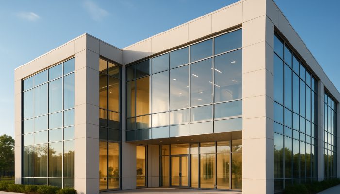 Modern commercial building featuring spotless gleaming windows and sunlit welcoming interiors.