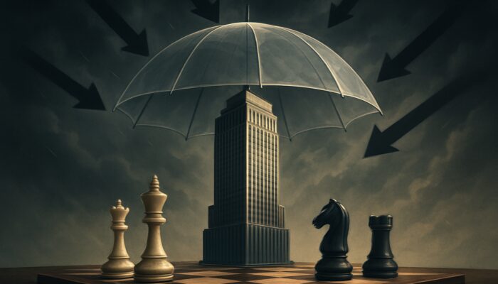 A modern skyscraper shielded by an umbrella from risk arrows and storm clouds, with chess pieces symbolising strategy.