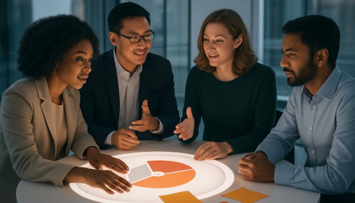 Diverse professionals collaborating around a table with risk charts, emphasising inclusive risk management feedback.