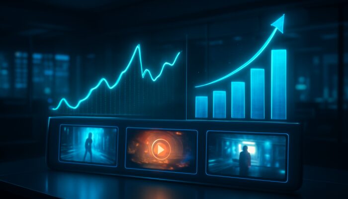Futuristic dashboard exhibiting holographic graphs of real-time video ad click-throughs and conversions.