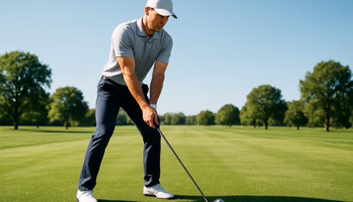 Focused golfer in a wide balanced stance on firm Gauteng fairway turf under sunlight