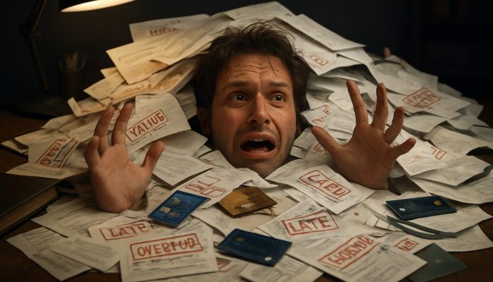 Person feeling overwhelmed by a chaotic pile of overdue bills and loan papers on a cluttered desk