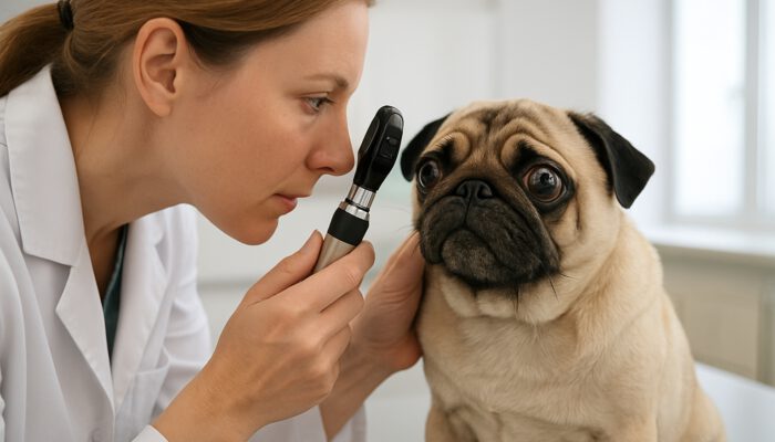 Veterinarian examining pug's bulging eyes with an ophthalmoscope in a modern clinic for brachycephalic eye care