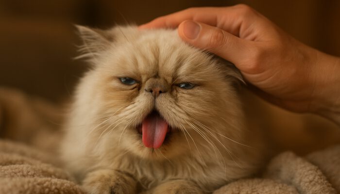 Persian cat panting with laboured breaths, comforted by a hand on a cozy blanket