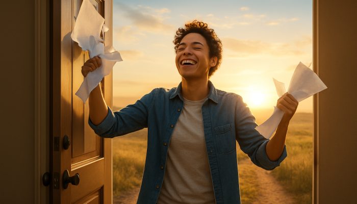 Relieved individual tearing up debt bills steps through an open door into a sunlit horizon symbolising new beginnings.