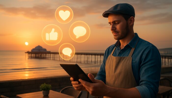 Café owner reviews impressive social media analytics on tablet above Weston-super-Mare pier at sunset