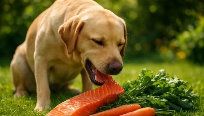 Joyful Labrador enjoying raw salmon and vegetables in a sunny garden for natural pet wellness