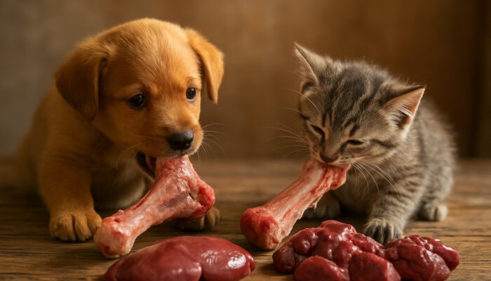 Playful puppy and kitten gnawing raw bones beside organ meats on a wooden table.