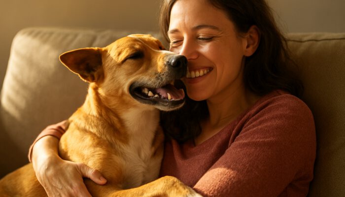 Rescue dog nuzzling a smiling owner on a sunlit couch, exemplifying love and healing through adoption