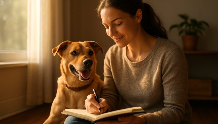 Individual journaling alongside an affectionate rescue dog in a sunlit home, radiating joy and tranquillity.