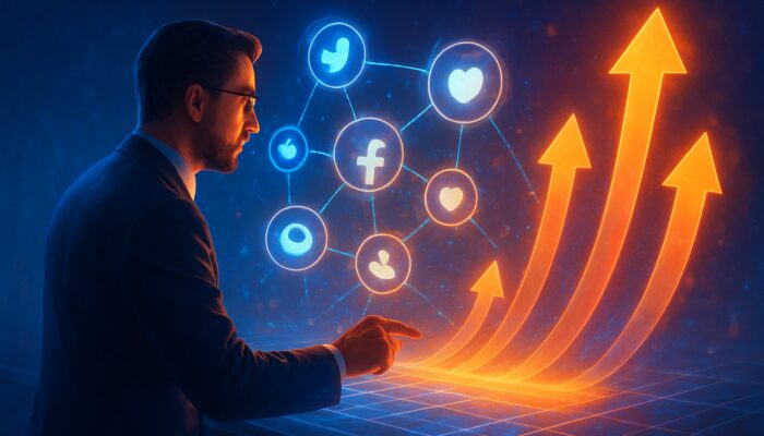 Strategist analyses glowing social media trends on a holographic dashboard transforming into upward growth arrows.